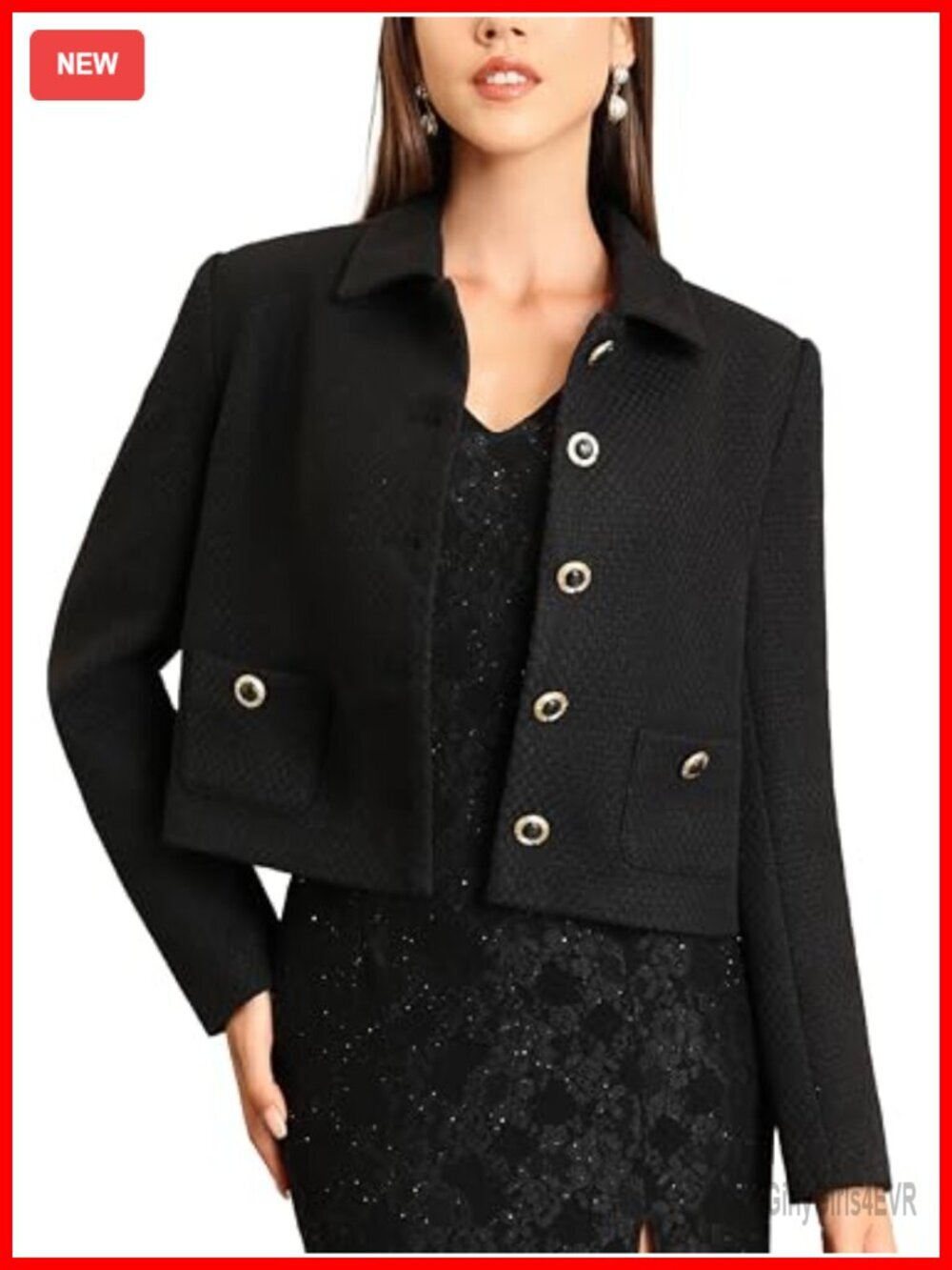 Cropped Tweed Blazer with Pockets - Turn Down Collar, Golden Buttons, Long